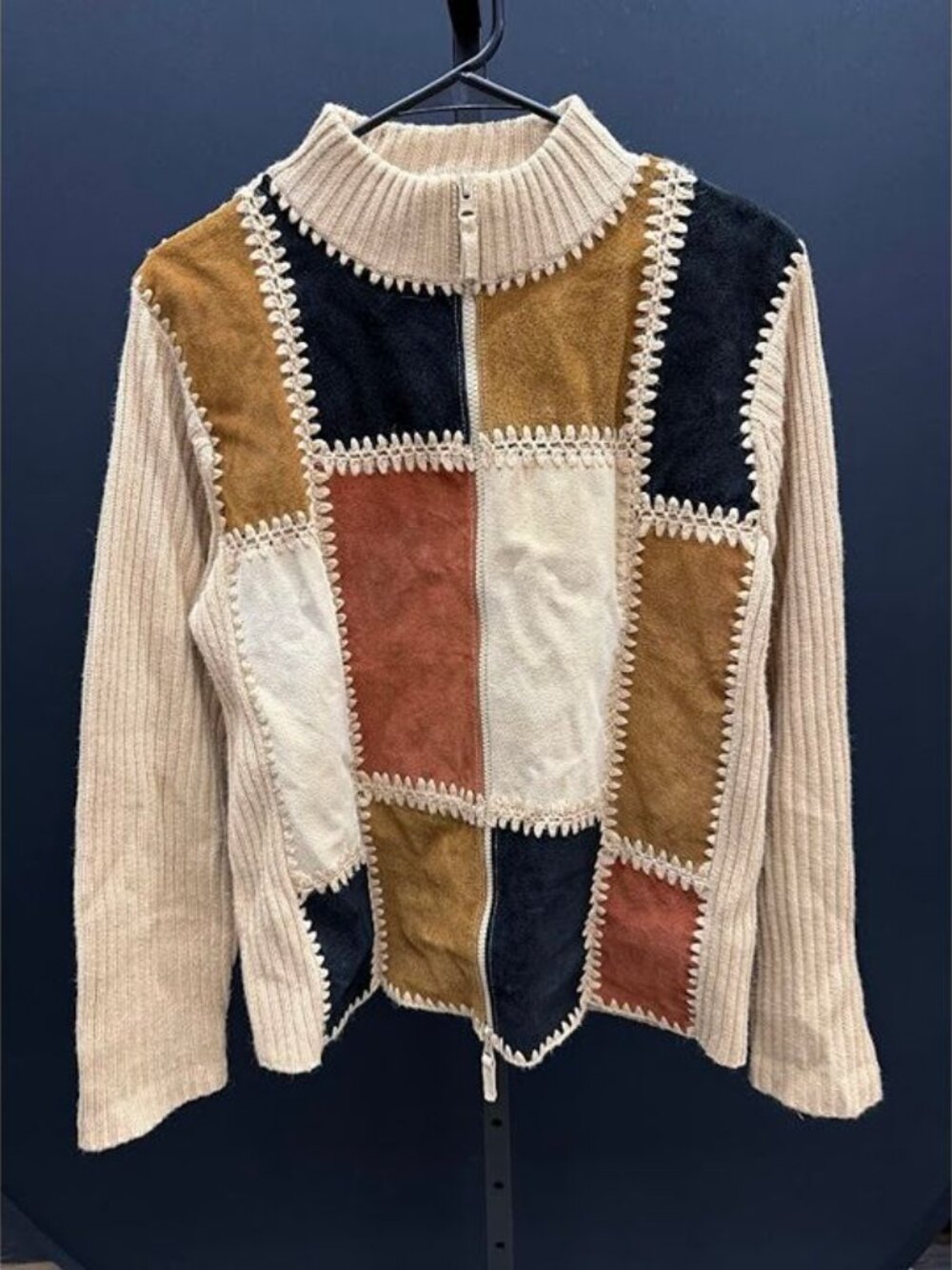 Designer Studio Originals Leather Patchwork Full Zip Sweater